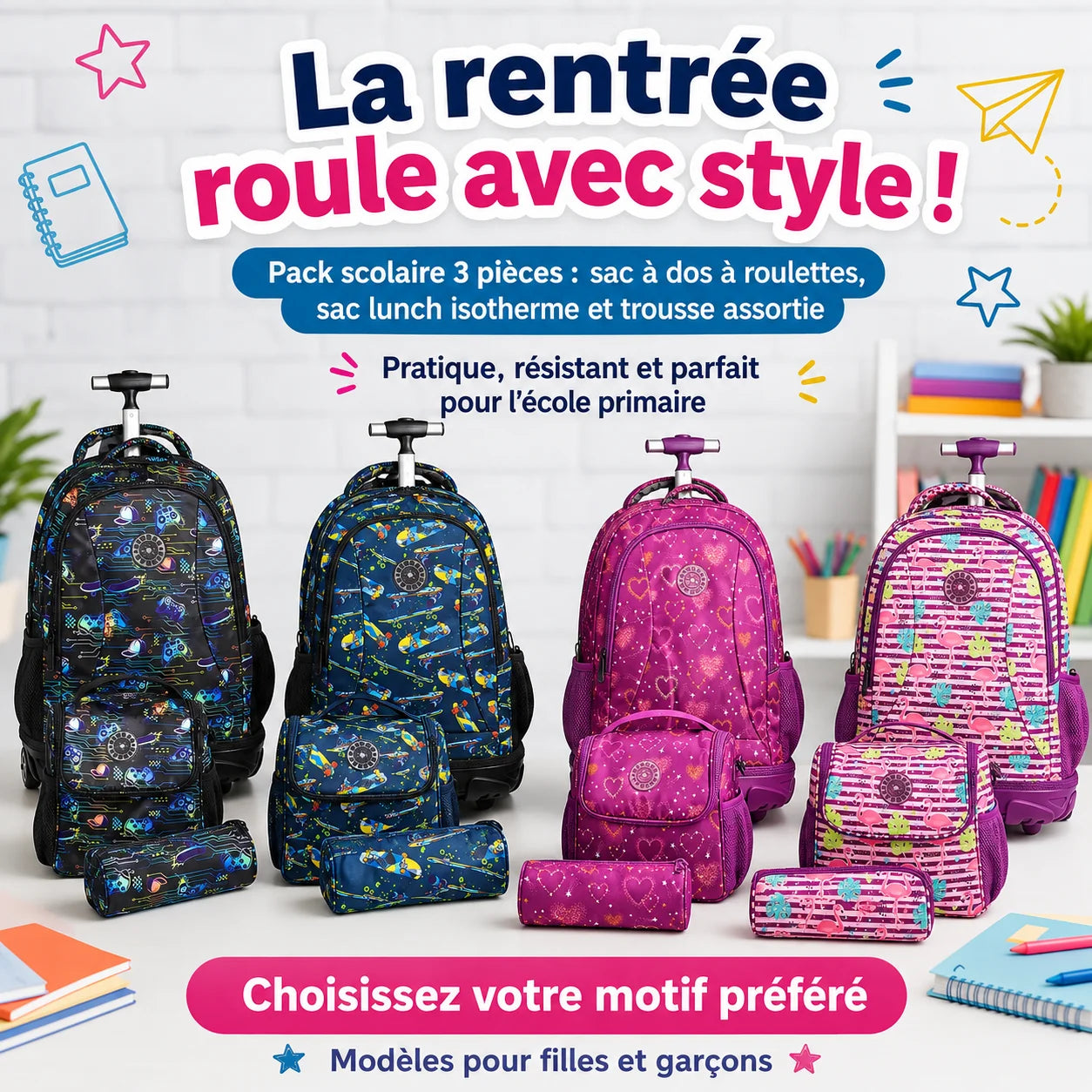 Sac à Dos Scolaire à Roulettes 3 en 1 – Collection Rentrée